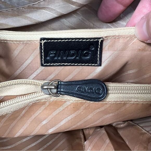 Findig Black Leather Dual Handle Gold Lining 3 Compartment Shoulder Bag 14” x 9” - Picture 8 of 11